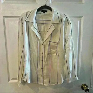 Velvet Heart Women’s White Black Stripe Linen Blend Button Down Shirt Medium